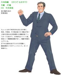 Rule 34 | 1boy, bohe, character name, character profile, clenched hand, formal, grin, hand on own hip, katada naosuke, mahou chuunen ojimajo 5, male focus, necktie, one eye closed, parted lips, smile, solo, standing, stats, suit, translation request, transparent background, wink