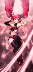Rule 34 | 1girl, alternate costume, alternate hair color, armlet, armpits, arms up, asymmetrical gloves, bare shoulders, belt, black gloves, black thighhighs, boots, fingerless gloves, gloves, goomrrat, hair ornament, heart, heart-shaped pupils, highres, jinx (league of legends), league of legends, light beam, long hair, looking at viewer, midriff, mismatched gloves, navel, short shorts, shorts, smile, solo, star guardian (league of legends), star guardian jinx, symbol-shaped pupils, thighhighs, twintails, white gloves
