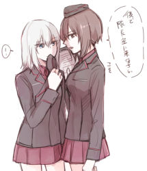 Rule 34 | 10s, 2girls, blue eyes, brown eyes, brown hair, clipboard, covering own mouth, girls und panzer, grey hair, itsumi erika, multiple girls, nishizumi maho, red skirt, sketch, skirt, translation request, uuron (nkktmrrr), white background, yuri
