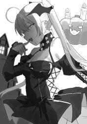 1girl absurdres breasts candle clothing_cutout cross-laced_clothes cross-laced_cutout dress fake_wings frilled_dress frills greyscale halloween_costume head_wings highres house jack-o&#039;-lantern johnston_(halloween_mode)_(kancolle) johnston_(kancolle) kantai_collection latex latex_dress medium_breasts monochrome shishamo_(domado) twintails vampire_costume wings