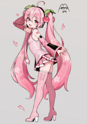 1girl absurdres ahoge breasts grey_background groin hair_ornament hands_up hatsune_miku heart highres kneehighs long_hair masasirai miniskirt off_shoulder pink_eyes pink_hair sakura_miku simple_background skirt small_breasts smile socks thighs twintails vocaloid