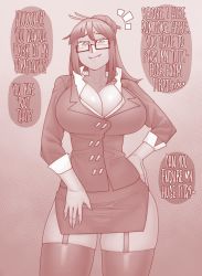Rule 34 | 1girl, assertive female, breasts, collarbone, commission, ekz (robotekz), english text, fangs, formal, garter straps, glasses, hand on leg, hand on own hip, highres, large breasts, monochrome, office lady, shirt, skirt, slit pupils, solo, suit, thighhighs, white shirt, wrinkled fabric