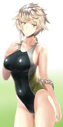 Rule 34 | 10s, 1girl, :o, absurdres, arm at side, bare shoulders, blonde hair, braid, breasts, brown eyes, cloud print, collarbone, competition swimsuit, cowboy shot, gradient background, hair tie, hand on own shoulder, highres, kantai collection, large breasts, long hair, looking at viewer, one-piece swimsuit, shiny clothes, simple background, single braid, skin tight, solo, standing, swimsuit, takamura wamu, thighs, unryuu (kancolle), wet, yellow eyes