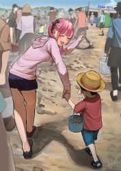Rule 34 | 6+boys, 6+girls, absurdres, age difference, beach, blunt bangs, blush, bow, breasts, bucket, child, clam, closed eyes, commentary request, crying, facing away, full body, gradient hair, hair bow, hat, helping, highres, hinamizawa hinami (tetto), holding hands, hood, hoodie, long hair, lost child, medium breasts, multicolored hair, multiple boys, multiple girls, open mouth, original, outdoors, pink hair, pink hoodie, pointing, purple hair, sand, sandals, shadow, short shorts, shorts, smile, straw hat, sunlight, tetto (onnoveltet), tree, twintails, walking
