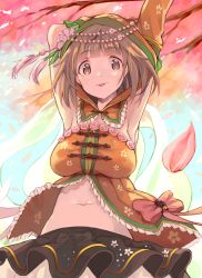Rule 34 | 10s, 1girl, aonaga heri, arm behind head, arms up, black skirt, blunt bangs, bow, breasts, brown eyes, cherry blossoms, closed mouth, day, detached sleeves, floral print, flower, frilled shirt, frills, gem, hair ornament, hood, idolmaster, idolmaster cinderella girls, kitami yuzu, large breasts, layered skirt, light brown hair, light smile, looking at viewer, midriff, miniskirt, navel, orange shirt, outdoors, pearl (gemstone), petals, pink bow, pink flower, pink rose, pleated skirt, rose, shirt, short hair, skirt, solo, tareme, tassel, tongue, tongue out, tree, upper body
