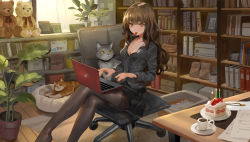 Rule 34 | 1girl, animal, black pantyhose, black shirt, black skirt, blouse, book, bookshelf, breasts, brown eyes, brown hair, burning, cake, cake slice, candle, canking, cat, chair, cleavage, coffee, commentary request, computer, crossed legs, cup, curtains, feet out of frame, fire, food, food in mouth, fork, fruit, hair between eyes, highres, indoors, laptop, long hair, long sleeves, medium breasts, mouth hold, no shoes, office chair, on chair, original, pantyhose, pet bed, photo (object), plant, plate, potted plant, saucer, shirt, sitting, skirt, solo, strawberry, stuffed animal, stuffed toy, swivel chair, teddy bear, very long hair, window, wooden floor, yellow eyes