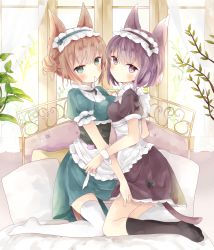 Rule 34 | 2girls, absurdres, animal ears, apron, black bow, black socks, blush, bow, breast press, breasts, brown eyes, cat ears, cat girl, cat tail, closed mouth, day, double bun, dress, frilled apron, frills, green dress, green eyes, hair between eyes, hair bun, highres, indoors, kneehighs, looking at viewer, medium breasts, mouth hold, multiple girls, no shoes, original, pillow, puffy short sleeves, puffy sleeves, purple dress, purple eyes, purple hair, short sleeves, socks, soles, sunlight, symmetrical docking, tail, thighhighs, tsukiyo (skymint), waist apron, white apron, white legwear, window, wrist cuffs, yuri