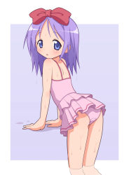 Rule 34 | 00s, 1girl, :o, ass, bare shoulders, blue eyes, blush, bow, casual one-piece swimsuit, female focus, from behind, hair bow, hiiragi tsukasa, looking back, lucky star, mel (artist), mel (melty pot), one-piece swimsuit, purple hair, short hair, simple background, solo, swimsuit, water, water drop, wet