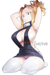 Rule 34 | 1girl, :o, adjusting hair, armpits, arms up, black sweater, blonde hair, boku no hero academia, breasts, brown eyes, full body, hot vr, large breasts, meme attire, no bra, panties, seiza, sidelocks, simple background, sitting, solo, striped clothes, striped panties, sweater, thighhighs, underwear, utsushimi kemii, virgin killer sweater, white background, white thighhighs