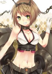 Rule 34 | 10s, 1girl, 2013, bare shoulders, blush, breasts, brown hair, chain, cleavage, collar, collarbone, crop top, dated, female focus, gloves, grin, groin, hair ornament, hairband, headgear, highres, kantai collection, long image, looking at viewer, machinery, midriff, mutsu (kancolle), navel, nekomicha, personification, pleated skirt, shiny skin, short hair, skirt, sleeveless, smile, solo, standing, stomach, tall image, text focus, upper body, white gloves, yellow eyes