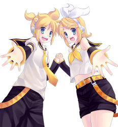 Rule 34 | 1boy, 1girl, :d, abondz, blonde hair, blue eyes, brother and sister, hair ornament, hair ribbon, headphones, headset, kagamine len, kagamine rin, midriff, navel, open mouth, outstretched hand, ribbon, short hair, siblings, smile, twins, vocaloid