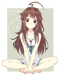 Rule 34 | 10s, 1girl, :3, ahoge, amagai tarou, artist name, barefoot, blush, breasts, brown eyes, brown hair, camisole, character name, cleavage, full body, hair intakes, hands on feet, indian style, kantai collection, kuma (kancolle), long hair, looking at viewer, plantar flexion, shorts, sitting, small breasts, solo