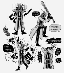 Rule 34 | 1other, arms up, baseball bat, borrowed weapon, clock, collared shirt, dante (limbus company), fire, greyscale, gun, highres, holding, holding baseball bat, holding gun, holding weapon, korean text, limbus company, maskv, monochrome, multiple views, necktie, object head, pointing, pointing at viewer, project moon, shirt, speech bubble, translation request, weapon