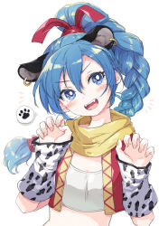 Rule 34 | 1girl, animal ears, blue eyes, blue hair, blush, braid, braided ponytail, dragon quest, dragon quest xi, grin, hair ribbon, jewelry, long hair, longdenkikettle, looking at viewer, maya (dq11), open mouth, red vest, ribbon, scarf, simple background, single braid, smile, solo, vest, white background