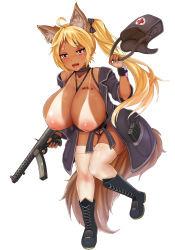 Rule 34 | 1girl, ammunition, animal ears, bag, bikini tan, blonde hair, boots, breasts, character request, copyright request, drooling, enarane, female orgasm, first aid kit, full body, gun, highres, holding, holding bag, huge breasts, inverted nipples, jacket, large areolae, long hair, magazine (weapon), nipples, open mouth, orgasm, red eyes, simple background, smile, solo, standing, standing on one leg, submachine gun, syringe, tagme, tail, tan, tanline, thighhighs, thighhighs under boots, trigger discipline, weapon, white background, white thighhighs