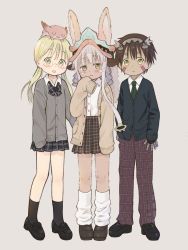 Rule 34 | 1boy, 1girl, 1other, animal ears, black footwear, black legwear, blonde hair, blush, bow, bowtie, brown cardigan, brown footwear, brown hair, cardigan, creature on head, dark skin, facial mark, furry, green eyes, green neckwear, grey cardigan, hairband, hat, highres, horizontal pupils, horns, loafers, looking at viewer, loose socks, made in abyss, mechanical arms, meinya (made in abyss), nanachi (made in abyss), nanoningen (anapoko), necktie, open cardigan, open clothes, pants, plaid, plaid neckwear, plaid pants, pleated skirt, regu (made in abyss), riko (made in abyss), school uniform, serafuku, shoes, simple background, skirt, sleeves past fingers, sleeves past wrists, socks, twintails, whiskers, white hair, yellow eyes