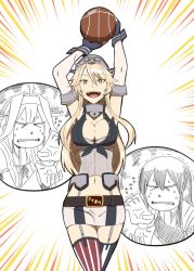 Rule 34 | 10s, 1990s (style), 3girls, ahoge, akagi (kancolle), armpits, arms up, ball, basketball, basketball (object), birii, blonde hair, blue eyes, breasts, cleavage, elbow gloves, fingerless gloves, garter straps, gloves, iowa (kancolle), japanese clothes, kantai collection, kongou (kancolle), large breasts, long hair, looking at viewer, midriff, miniskirt, multiple girls, navel, nontraditional miko, open mouth, retro artstyle, skirt, slam dunk (series), smile, star-shaped pupils, star (symbol), sweatdrop, symbol-shaped pupils, thighhighs, zettai ryouiki