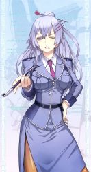 Rule 34 | 10s, 1girl, absurdres, blue hair, frolaytia capistrano, hair ornament, hairpin, hand on own hip, heavy object, high ponytail, highres, holding, long hair, looking at viewer, military, military uniform, nagi ryou, necktie, one eye closed, pantyhose, purple eyes, purple necktie, smoking pipe, solo, uniform