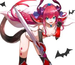 Rule 34 | 1girl, absurdres, armor, bat (animal), bent over, bikini, bikini armor, black socks, blue eyes, breasts, cape, claw pose, collarbone, commentary request, dragon horns, dragon tail, elizabeth bathory (brave) (fate), elizabeth bathory (fate), fate/grand order, fate (series), gem (symbol), hair ribbon, highres, holding, holding sword, holding weapon, horns, hoshi rasuku, long hair, open mouth, oversized clothes, pink hair, pointy ears, purple ribbon, ribbon, shoulder armor, sidelocks, small breasts, socks, solo, swimsuit, sword, tail, thighs, weapon, white background, white cape