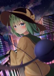 Rule 34 | 1girl, absurdres, black hat, blouse, blue eyes, blurry, blurry foreground, blush, bokeh, bow, building, cityscape, closed mouth, cloud, cloudy sky, commentary request, depth of field, dutch angle, eyeball, frills, green hair, green skirt, hair between eyes, hat, hat bow, highres, kirikaze ren, komeiji koishi, looking at viewer, looking back, night, night sky, railing, shirt, short hair, skirt, sky, smile, solo, standing, star (sky), starry sky, third eye, touhou, upper body, wide sleeves, yellow bow, yellow shirt