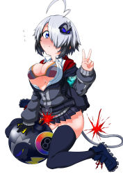 Rule 34 | 1girl, ahoge, armband, bikini, bikini top only, black gloves, black skirt, black thighhighs, blue eyes, blue footwear, blush, bomb, bombergirl, breasts, cleavage, closed mouth, collared shirt, explosive, eyes visible through hair, flying sweatdrops, fuse, fuse tail, gloves, gray (bombergirl), grey hair, grey jacket, grey tail, hair ornament, hair over one eye, hand up, highres, huge ahoge, jacket, lit fuse, long sleeves, medium breasts, microskirt, multicolored hair, nose blush, pansy orchid, partially unbuttoned, partially unzipped, plaid, plaid skirt, pleated skirt, shirt, short hair, simple background, single glove, skirt, solo, swimsuit, thighhighs, two-tone hair, unbuttoned, unbuttoned shirt, underboob, v, white background, white shirt, zettai ryouiki, zipper, zipper pull tab