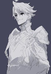 Rule 34 | 1boy, armor, arms behind back, belt, blue background, closed mouth, fate/grand order, fate (series), greyscale, greyscale with colored background, half-closed eyes, highres, james moriarty (ruler) (fate), male focus, monochrome, pauldrons, scar, scar across eye, scar on face, shoulder armor, simple background, sketch, smile, solo, takuan (takuanlunch)