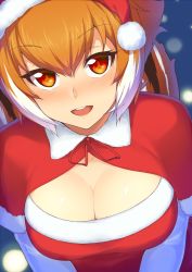 Rule 34 | 1girl, :d, blazblue, blush, breasts, brown eyes, brown hair, christmas, cleavage, cleavage cutout, clothing cutout, hat, highres, large breasts, looking at viewer, makoto nanaya, multicolored hair, open mouth, purinnssu, santa costume, santa hat, short hair, smile, snowing, solo, squirrel tail, tail, two-tone hair, white hair