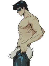 Rule 34 | 1boy, abs, black hair, bulge, copyright request, eye mask, highres, male focus, meme, muscular, muscular male, never seen a guy recreate this (meme), nightwing, short hair, simple background, toumaart, underwear, white background