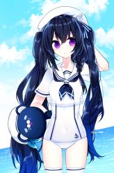 Rule 34 | 1girl, aisha landar, anchor, anchor symbol, bad id, bad pixiv id, beret, black hair, black neckerchief, blue sky, braid, casual one-piece swimsuit, cloud, cloudy sky, commentary, day, elsword, g ieep, hair between eyes, hat, highres, horizon, long hair, neckerchief, ocean, one-piece swimsuit, outdoors, purple eyes, sailor collar, school uniform, serafuku, shirt, short sleeves, sidelocks, sky, solo, swimsuit, symbol-only commentary, thighhighs, twintails, twitter username, very long hair, water, white hat, white one-piece swimsuit, white sailor collar, white shirt, white thighhighs