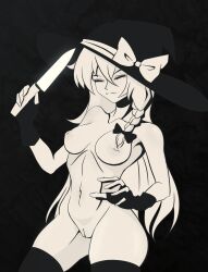Rule 34 | 1girl, bad id, bad pixiv id, bow, braid, breasts, cleft of venus, closed eyes, closed mouth, contrapposto, cookie (touhou), cowboy shot, duojiaomaotou-tougarashi, fingerless gloves, gloves, greyscale, hair between eyes, hair bow, hat, hat bow, highres, holding, holding knife, inverted nipples, kirisame marisa, knife, long hair, medium breasts, monochrome, navel, nipples, nude, pussy, side braid, single braid, smile, solo, suzu (cookie), thighhighs, touhou, uncensored, witch hat