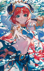 Rule 34 | 1girl, absurdres, aqua eyes, blue nails, blue skirt, blue tank top, blunt bangs, blurry, blurry background, blurry foreground, breasts, brooch, cropped legs, detached sleeves, fake horns, genshin impact, highres, horns, itou (very ito), jewelry, long hair, medium breasts, midriff, neck ring, nilou (genshin impact), pink lips, reaching, reaching towards viewer, red hair, sidelocks, skirt, smile, tank top, tiara, veil, very long hair, water, wrist cuffs