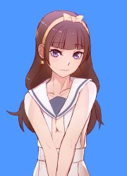 Rule 34 | 1girl, amanogawa kirara, blue background, blunt bangs, bow, bow hairband, breasts, breasts squeezed together, brown hair, closed mouth, collarbone, collared shirt, earrings, go! princess precure, hair bow, hairband, jewelry, long hair, pleated skirt, precure, purple eyes, sailor collar, sailor shirt, shirt, simple background, skirt, small breasts, smile, solo, star (symbol), star earrings, unpale, upper body, very long hair, white sailor collar, white shirt, white skirt, yellow bow, yellow hairband