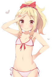Rule 34 | 10s, 1girl, bare arms, bare shoulders, bikini, blonde hair, blush, bow, breasts, brown eyes, closed mouth, collarbone, cowboy shot, eromanga sensei, eyebrows, female focus, green eyes, groin, hair bow, heart, looking at viewer, navel, ponpon (tosico), ponytail, red bow, salute, side-tie bikini bottom, simple background, small breasts, solo, striped bikini, striped clothes, swimsuit, two-finger salute, underboob, v, white background, yamada elf