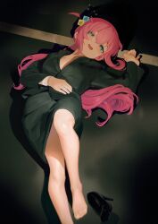 Rule 34 | 1girl, alternate costume, barefoot, black footwear, black jacket, blue eyes, blush, bocchi the rock!, breasts, commentary, cube hair ornament, drunk, english commentary, eyelashes, feet, feet out of frame, gotoh hitori, hair between eyes, hair ornament, hand up, high heels, highres, jacket, legs, long hair, long sleeves, lying, medium breasts, office lady, old metal 666, on back, open mouth, outdoors, pencil skirt, pink hair, shadow, shiny skin, shoes, skirt, solo, squeans, toes, unworn shoes