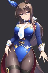 Rule 34 | 1girl, adapted costume, admire vega (umamusume), animal ears, black pantyhose, blue leotard, bodice, breasts, brown eyes, brown hair, commentary request, commission, cowboy shot, ear covers, ear ornament, grey background, highres, horse ears, horse girl, horse tail, large breasts, leotard, long hair, looking at viewer, low ponytail, necktie, nontraditional playboy bunny, pantyhose, pataneet, simple background, single ear cover, solo, tail, umamusume, white necktie