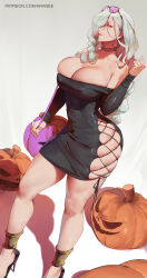 absurdres ankle_cuffs araneesama artist_name bare_shoulders braid braided_ponytail breasts collarbone cross-laced_clothes halloween high_heels highres jujutsu_kaisen large_breasts looking_at_viewer mei_mei_(jujutsu_kaisen) patreon_username pumpkin simple_background skindentation sunglasses_on_head thick_thighs thighs white_background white_hair yellow_eyes