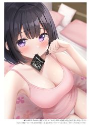 Rule 34 | 1girl, absurdres, armpits, bare arms, bare shoulders, bed, black hair, blurry, blush, breasts, camisole, cleavage, clenched hand, condom, condom wrapper, depth of field, hand up, highres, inoue yurina, karutamo, large breasts, looking at viewer, mouth hold, no pants, on bed, original, panties, pillow, pink shirt, purple eyes, selfie, shirt, short hair, sidelocks, sitting, sleeveless, sleeveless shirt, solo, spaghetti strap, thighs, underwear, white panties