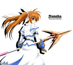 Rule 34 | 00s, 1girl, antenna hair, blue eyes, copyright name, fingerless gloves, flipper, floating hair, from behind, gloves, juliet sleeves, long hair, long sleeves, looking at viewer, looking back, lyrical nanoha, magical girl, mahou shoujo lyrical nanoha, mahou shoujo lyrical nanoha strikers, puffy long sleeves, puffy sleeves, raising heart, simple background, solo, standing, takamachi nanoha, twintails, uniform, very long hair, white background, white devil, wind