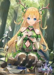 Rule 34 | 1girl, antlers, belt, blonde hair, blue eyes, choker, cleavage cutout, clothing cutout, cup, detached sleeves, dress, elf, eroica, forest, freyja (eroica), green choker, green dress, green ribbon, hair ribbon, horns, kobuta, long hair, nature, navel cutout, official art, pointy ears, ribbon, sitting on tree stump, smile, solo, teacup, two side up