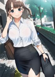 Rule 34 | 1girl, absurdres, bag, black skirt, blue eyes, blush, bra, brown bag, brown hair, carrying bag, doushimasho, dress shirt, earrings, highres, holding, holding clothes, jewelry, long hair, office lady, original, outdoors, see-through, shirt, skirt, sleeves rolled up, smile, underwear, watch, white shirt, wristwatch