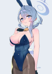 Rule 34 | 1girl, ako (blue archive), animal ears, bare shoulders, bell, black gloves, blue archive, blue eyes, blue hair, blue leotard, blush, breasts, brown pantyhose, cleavage, covered navel, detached collar, fake animal ears, fake tail, gloves, grey background, halo, hand on own chest, highleg, highleg leotard, highres, large breasts, leotard, long hair, looking at viewer, neck bell, pantyhose, parted lips, playboy bunny, rabbit ears, rabbit tail, resolution mismatch, sidelocks, simple background, solo, source smaller, strapless, strapless leotard, tail, v-shaped eyebrows, zenshin