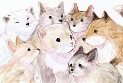 Rule 34 | :3, absurdres, animal focus, closed eyes, closed mouth, ezo red fox, fennec fox, ferret, fluefluekoubo26, fox, highres, no humans, original, painting (medium), simple background, tail, traditional media, watercolor (medium), whiskers, white background