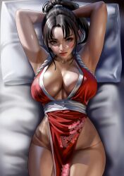 Rule 34 | 1girl, absurdres, bed, breasts, fatal fury, highres, large breasts, long hair, pillow, ponytail, shiranui mai, solo