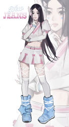 Rule 34 | 1girl, absurdres, belt, black eyes, black hair, blue footwear, boots, bow, bracelet, copyright name, cropped shirt, expressionless, facial mark, finger to cheek, fingerless gloves, full body, gloves, highres, jewelry, juliet sleeves, k-pop, long hair, long sleeves, looking ahead, looking at viewer, minji (newjeans), newjeans, parted bangs, pink belt, pink bow, pink eyes, puffy sleeves, real life, shirt, skirt, solo, star (symbol), star facial mark, superwakas, thighhighs, very long hair, white gloves, white shirt, white skirt, white thighhighs, zoom layer
