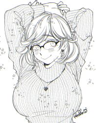 Rule 34 | 1girl, arms up, blush, breasts, earrings, glasses, greyscale, heart, heart earrings, heart necklace, highres, jewelry, kerorin, large breasts, long sleeves, monochrome, necklace, original, over-rim eyewear, ribbed sweater, semi-rimless eyewear, short hair, signature, smile, solo, star (symbol), sweater, upper body, white background