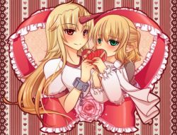 Rule 34 | 2girls, amagumo, arm warmers, blonde hair, blush, breasts, covering face, covering own mouth, covering privates, cuffs, female focus, flower, green eyes, heart, horns, hoshiguma yuugi, large breasts, long hair, mizuhashi parsee, multiple girls, pink flower, pink rose, pointy ears, red eyes, ribbon, rose, scarf, shackles, short hair, single horn, smile, touhou, valentine