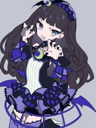 Rule 34 | 1girl, :d, bare shoulders, black nails, blue eyes, blue skirt, blunt bangs, brown hair, claw pose, copyright request, detached sleeves, fang, fingernails, flat chest, grey background, hair ornament, hairband, hands up, high heels, highres, long hair, long sleeves, mochizuki kei, nail polish, open mouth, ringed eyes, simple background, skirt, smile, solo, standing