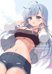 Rule 34 | 1girl, :o, ahoge, bare shoulders, black shirt, blue eyes, blue hair, blue shorts, breasts, camisole, character request, check character, commission, cowboy shot, crop top, cutoffs, denim, denim shorts, earrings, gradient hair, hands up, highres, indie virtual youtuber, jacket, jewelry, large breasts, long sleeves, midriff, multicolored hair, navel, necklace, off shoulder, open clothes, open jacket, open mouth, setsuna meguri, shirt, short shorts, shorts, sleeveless, sleeveless shirt, solo, spaghetti strap, standing, stomach, taut clothes, taut shirt, thighs, torn clothes, torn shorts, underboob, uramakaron, virtual youtuber, white jacket
