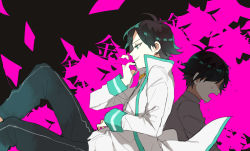 Rule 34 | 1boy, aged down, ahoge, aqua hair, black background, black hair, black pants, commentary request, crying, feet out of frame, green eyes, highres, holding, holding paper, jacket, male focus, multicolored hair, multiple views, niimura kou, ookami game (studio wasabi), open clothes, open jacket, open mouth, pants, paper, pink background, profile, shindyushiyou, shirt, short hair, simple background, smile, smirk, spoilers, two-tone hair, white jacket, white shirt