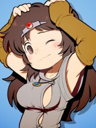 1girl arms_up beeru_(veil8801) blue_background blush breasts brown_eyes brown_gloves brown_hair closed_mouth commentary_request drop_shadow druaga_no_tou elbow_gloves fingerless_gloves gloves hands_on_own_head head_tilt highres jewelry ki_(druaga) long_hair necklace one_eye_closed simple_background solo tiara toggles upper_body wavy_mouth